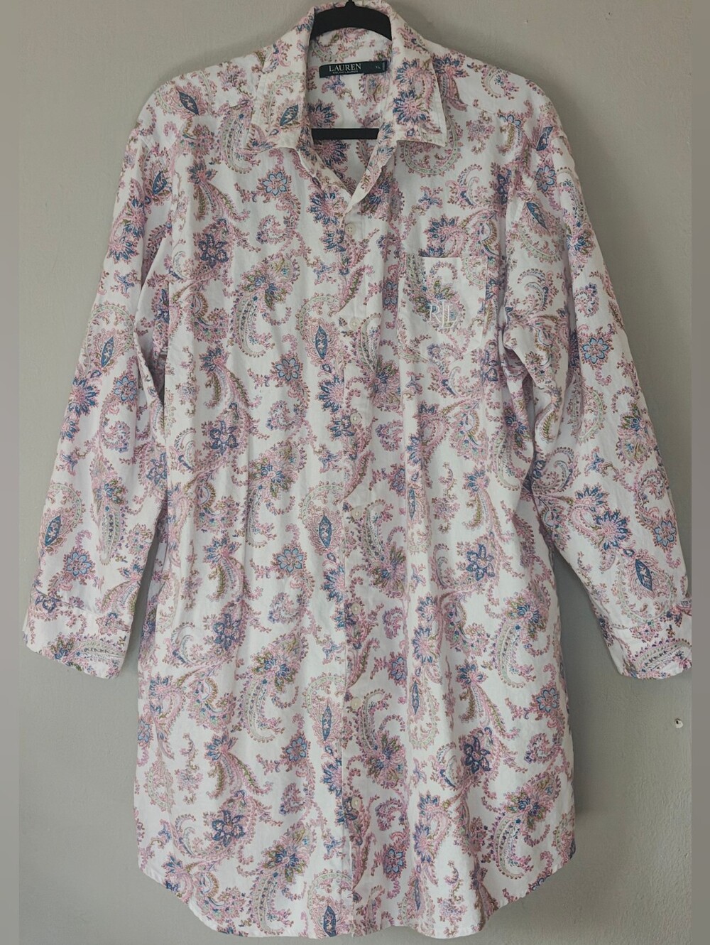 Lauren Ralph Lauren Women's White Paisley Button-Down Sleep Dress-Size XL